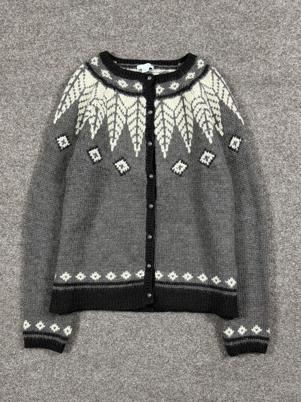 Vintage Grey Cream Wool Nordic Leaf Yolk Fair Isle Cardigan Sweater Womens S Y2K